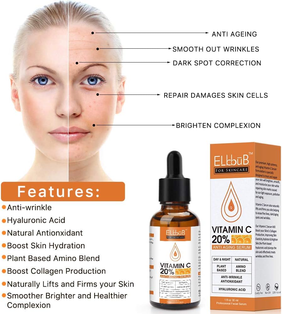 Vitamin C Serum for Face - Pure Facial Serum with 20% Vitamin C, Hyaluronic Acid, Vitamin B for Anti Aging Serum for Face, Neck and Eye Contour